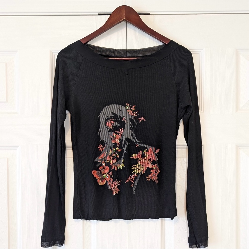 Authentic Y2K Vintage Grunge Fairy Ribbed Girl Graphic Sequins Long Sleeve Tee